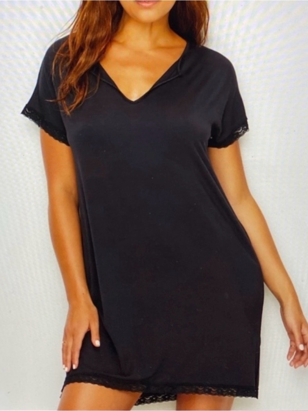 Barefoot Dreams Luxe Milk Jersey Dress Black Lace Trim Pajama Size small